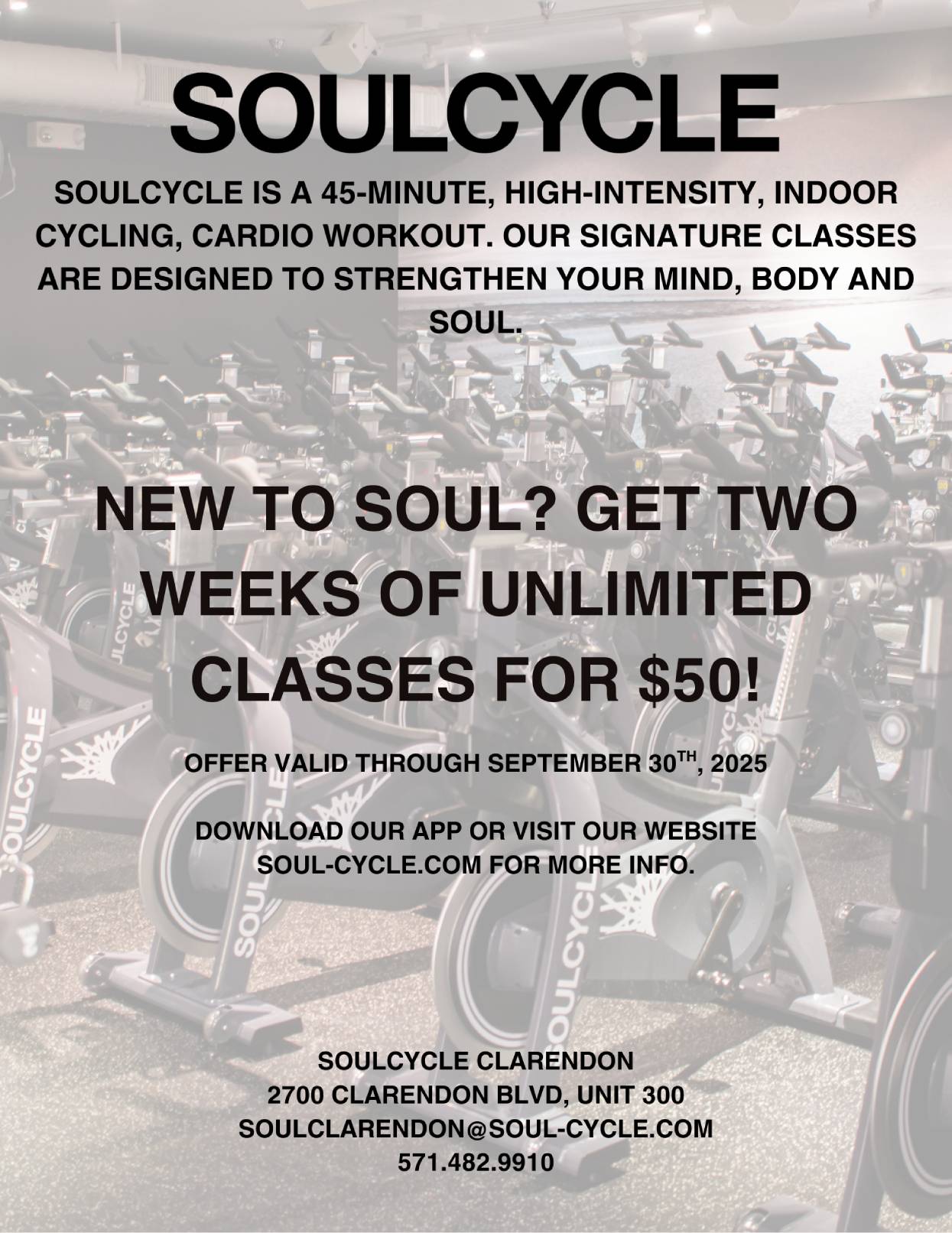 Soulcycle Soucycle is a 450minute, high-intensity, indoor cycling, cardio workout. Our signature classes are designed to strengthen your mind, body and soul